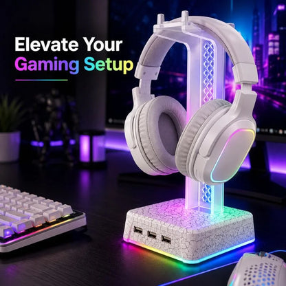 RGB Transparent Gaming Headphone Stand with USB Hub and Ambient RGB Lighting for PC Desk Setup