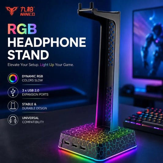 RGB Gaming Headphone Stand with 3 USB Ports and Dynamic RGB Lighting for Gaming Desk Setup