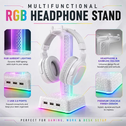 RGB Transparent Gaming Headphone Stand with USB Hub and Ambient RGB Lighting for PC Desk Setup