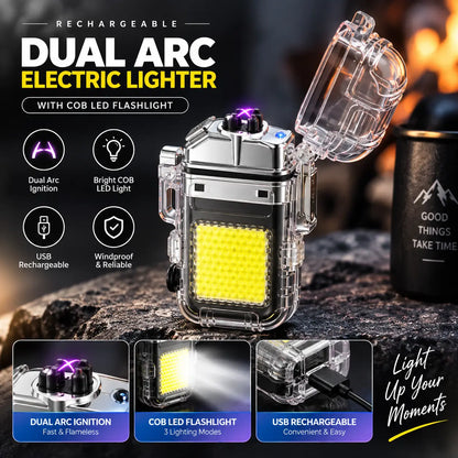 Transparent Dual Arc Electric Lighter with COB LED Flashlight – USB Rechargeable Windproof Lighter