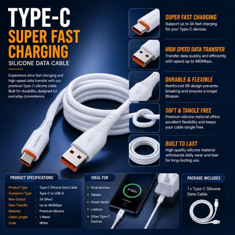 Type-C Silicone Fast Charging Data Cable – Soft Flexible USB Charging Cable for Android Devices