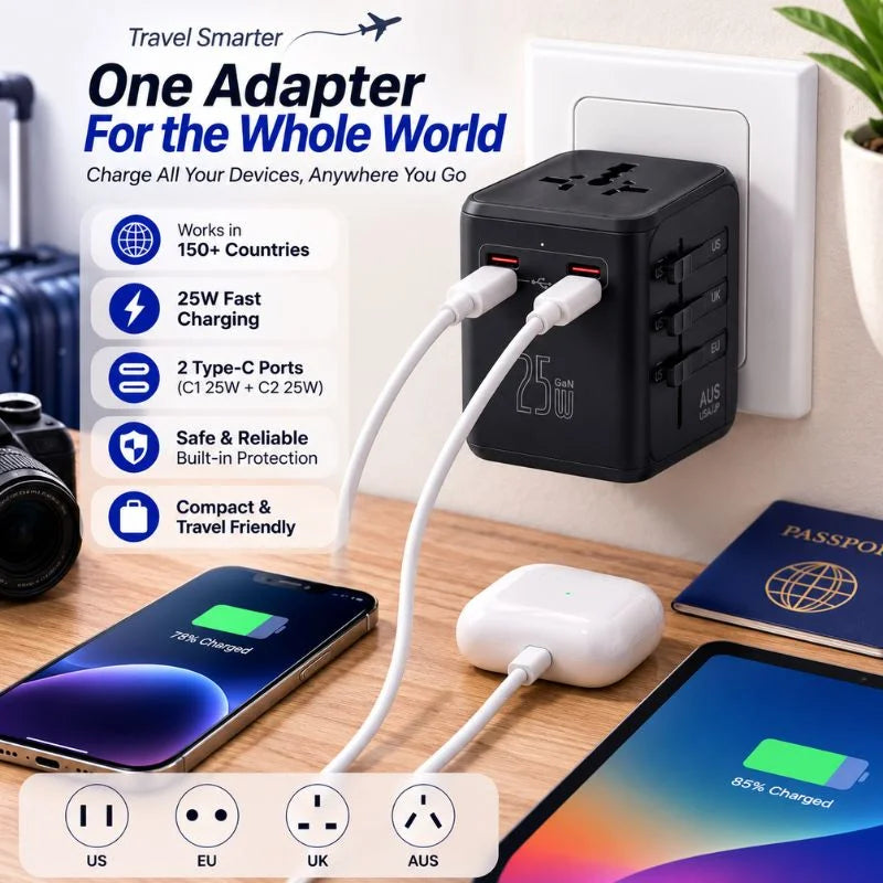 Universal Travel Adapter 25W with Dual Type-C USB Ports